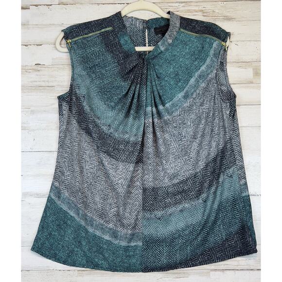 Worthington Womens Blouse Petite Large Teal Blue Flowy Gold Zippers Striped Soft - Picture 1 of 7